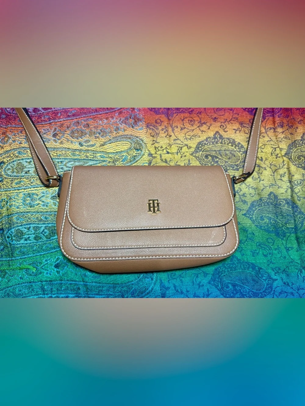 Tommy Hilfiger Taupe Pebbled Leather Wristlet with Gold Logo